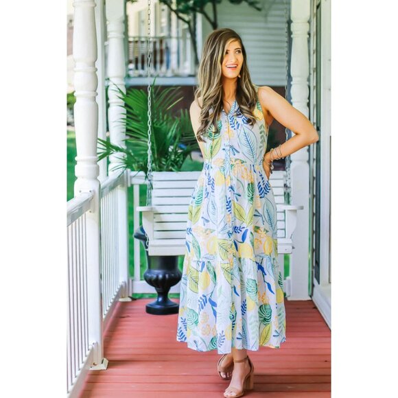 Olivia James Botanical Lemon Print Maxi Dress Tiered Boho Casual Small - Picture 1 of 12